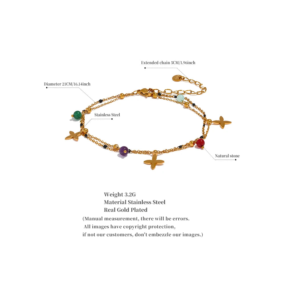 Chaîne de Cheville Perles de Pierres et Fleurs – Acier Inoxydable Doré ou Argenté