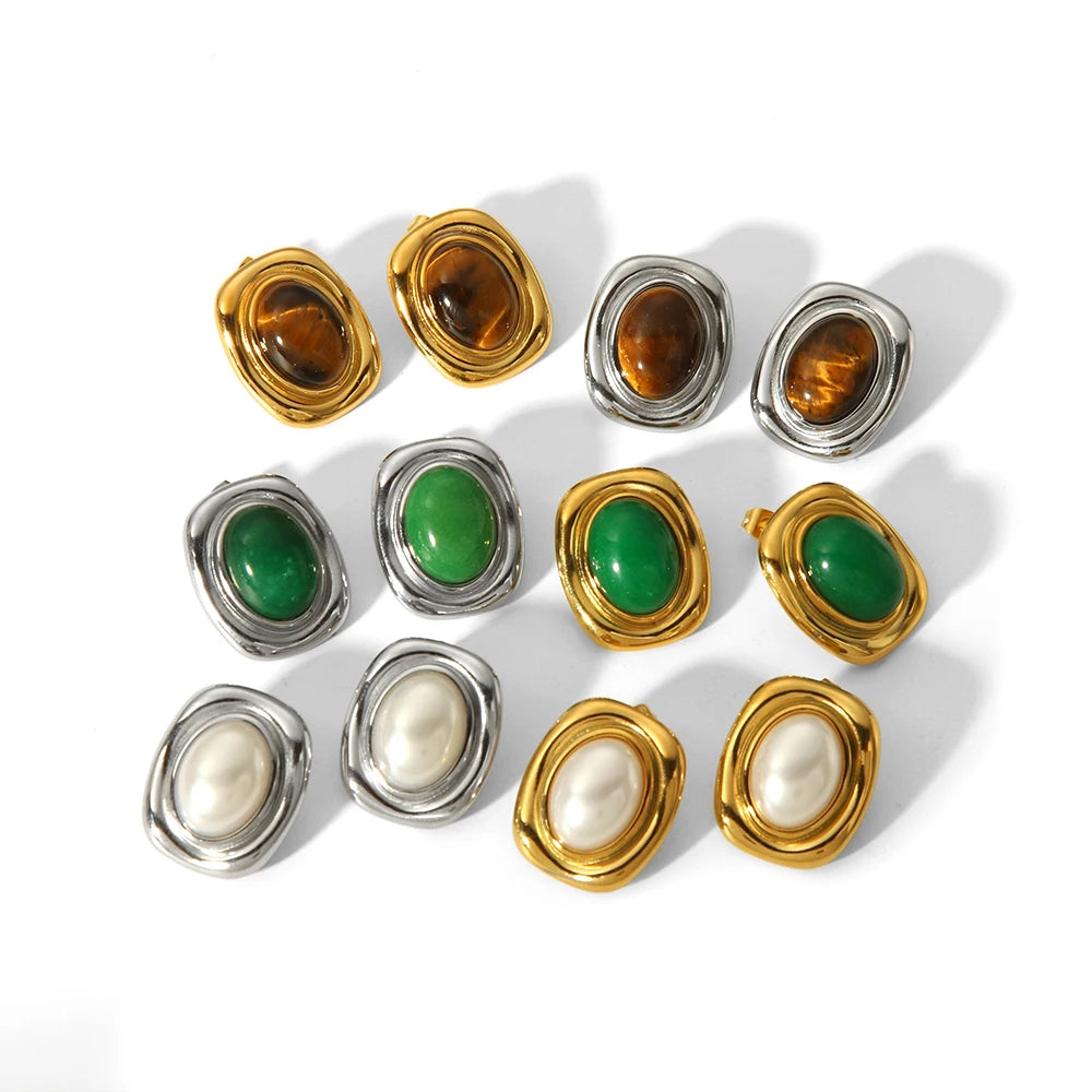 Boucles d'Oreilles Puces Œil de Tigre en Acier Inoxydable – Monture Torsadée, Doré ou Argenté