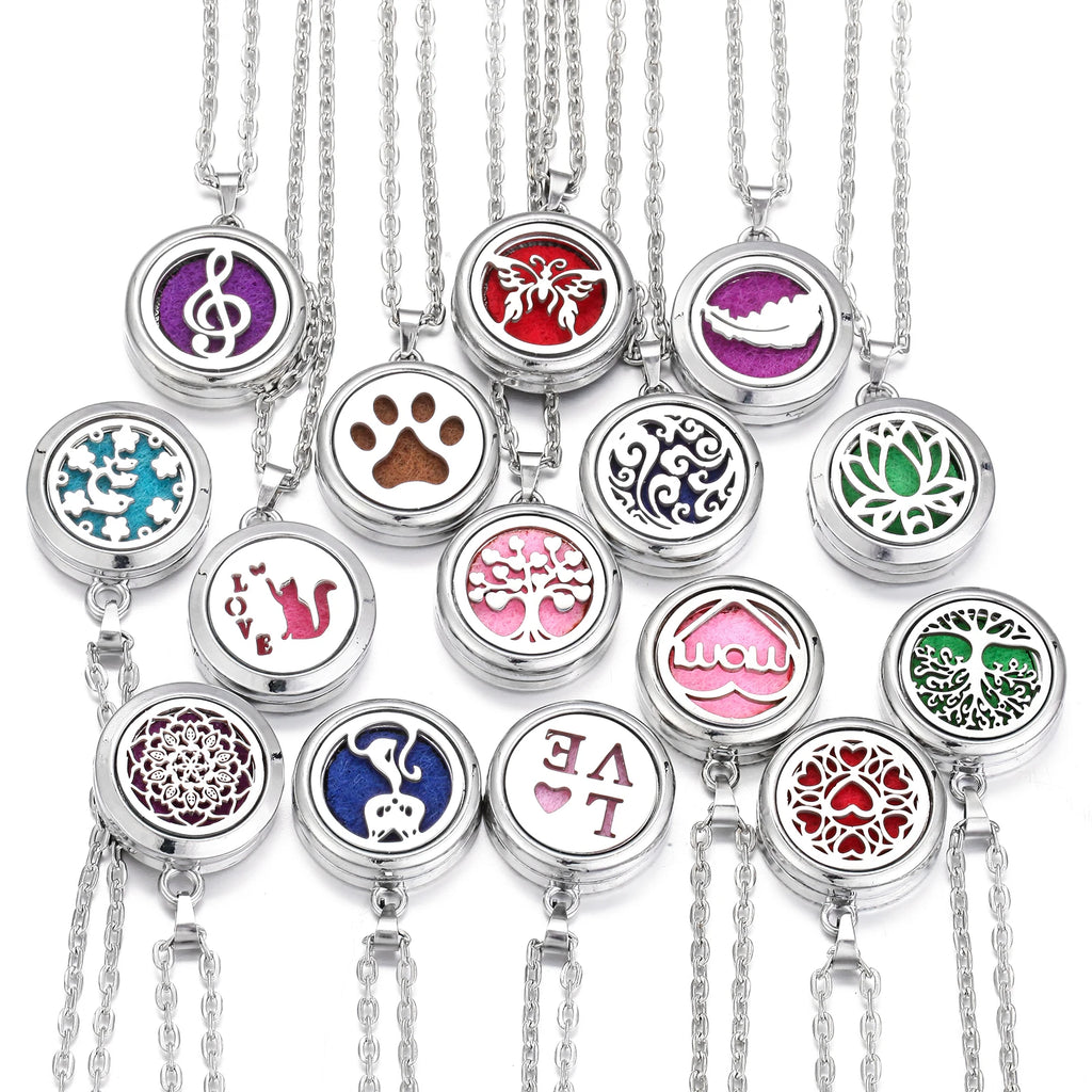 Collier Diffuseur d'Huiles Essentielles en Acier – Médaillon Arbre de Vie, Lotus, Fleur de Vie, 15 Motifs