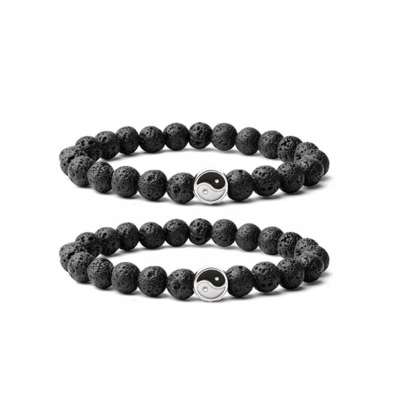 Bracelet Yin Yang Onyx Mat et Howlite – À l'Unité ou en Duo pour Couple, 17 à 21 cm