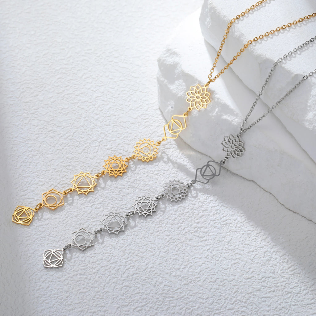 Collier 7 Chakras en Acier Inoxydable – Symboles des Chakras et Perles, Doré ou Argenté, 3 Modèles