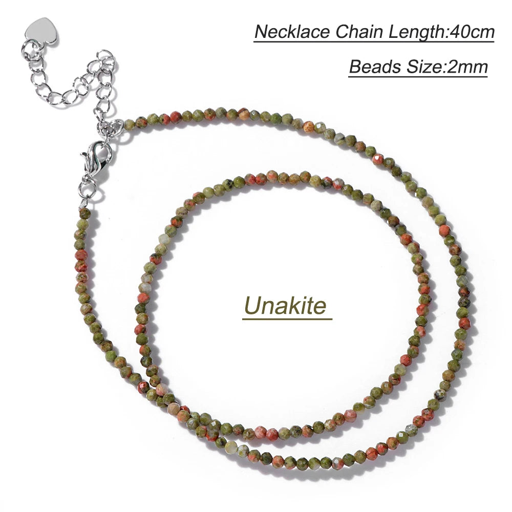 Collier Perles Facettées 2 mm en Pierre Naturelle – Ras du Cou Ultra-Fin, 14 Pierres, 40 cm