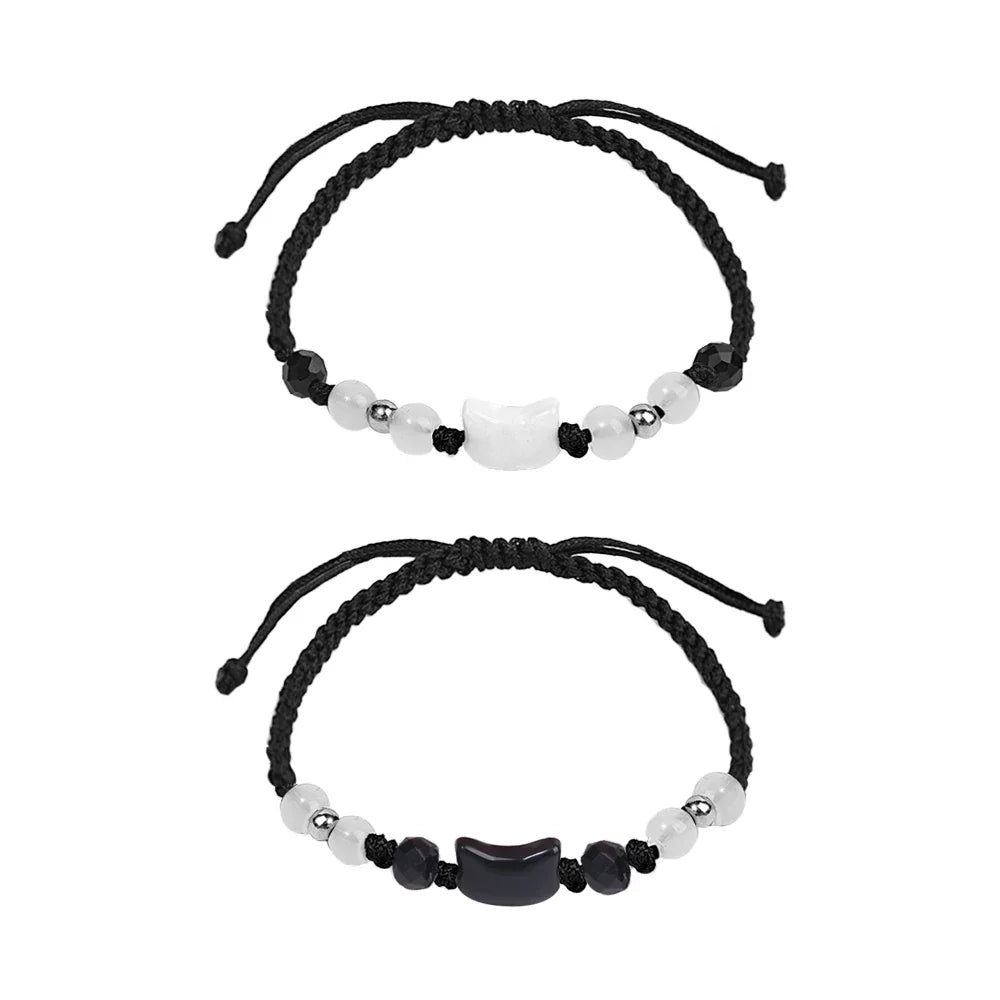 Bracelets Chat Pierre de Lune et Obsidienne – Cordon Tressé Réglable, à l'Unité ou en Duo
