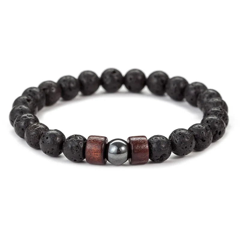 Bracelet Homme Pierre de Lave et Perles de Bois 8 mm – 3 Modèles, Style Tibétain
