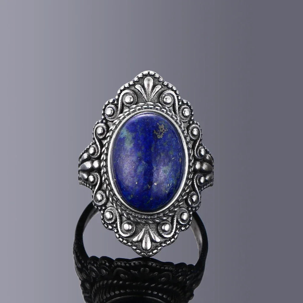 Bague Vintage Ovale en Pierre Naturelle – Labradorite, Pierre de Lune ou Lapis-Lazuli, Monture Ciselée