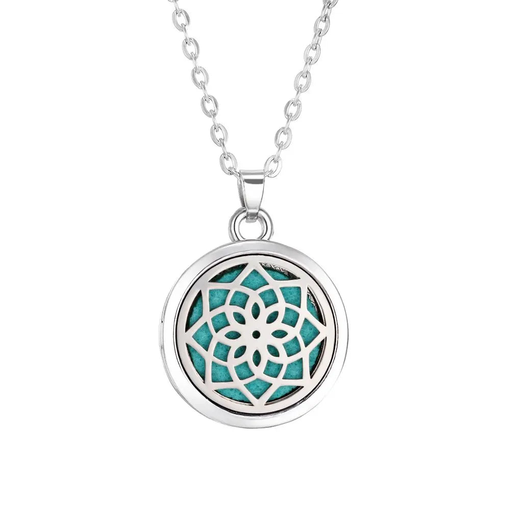 Collier Diffuseur d'Huiles Essentielles en Acier – Médaillon Arbre de Vie, Lotus, Fleur de Vie, 15 Motifs