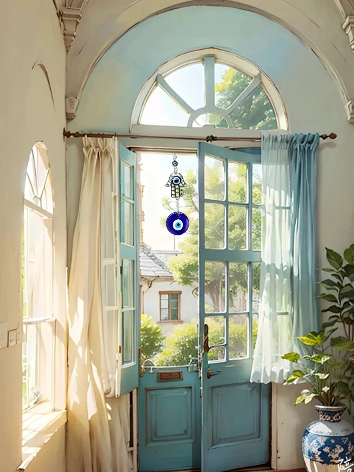 Suspension Main de Fatma et Œil Turc – Amulette Murale en Métal et Verre Bleu, 20 cm