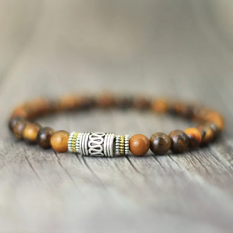 Bracelet Minimaliste 6 mm – Onyx, Œil de Tigre ou Pierre de Lave, Perle Sanskrit, Unisexe