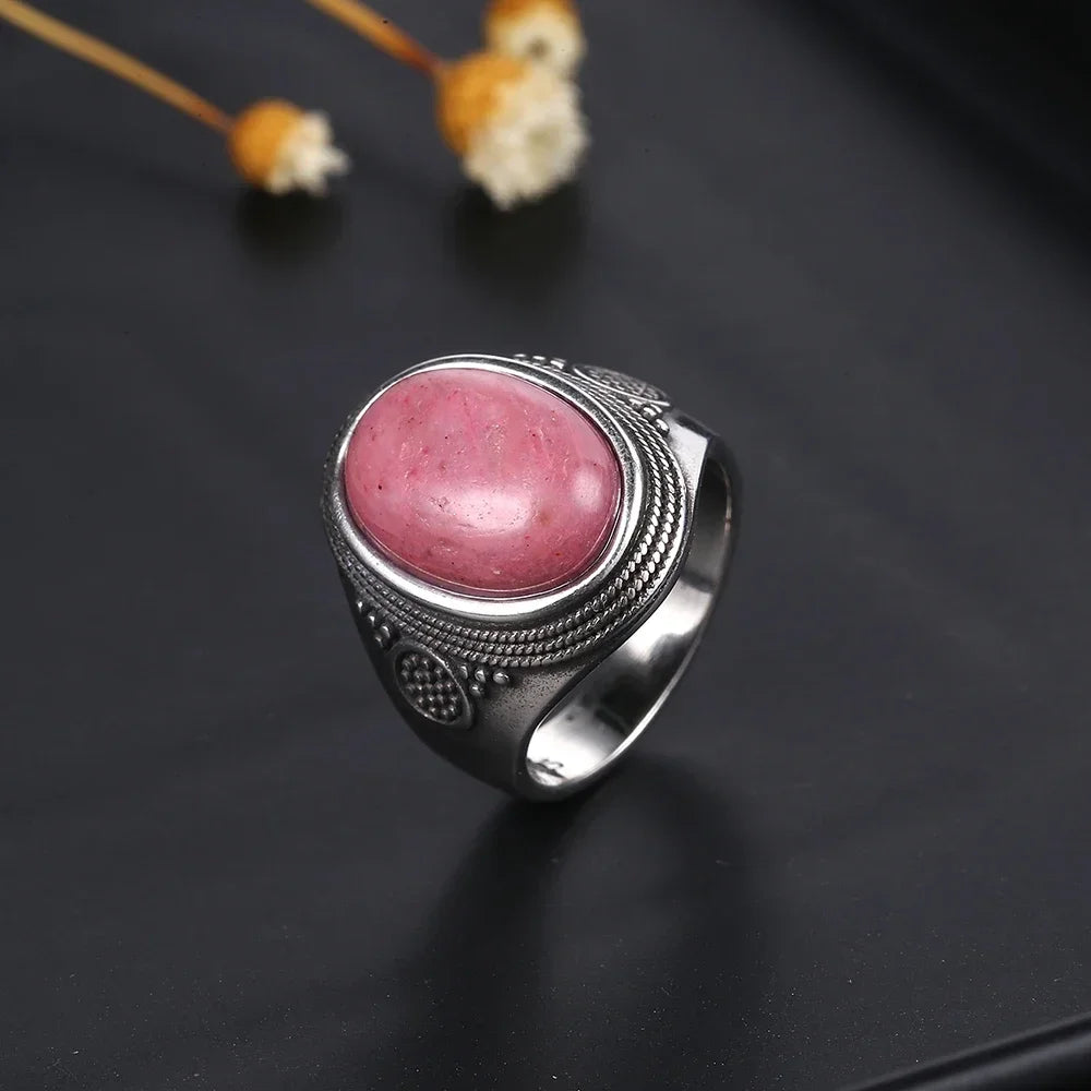 Bague Cabochon Ovale 10 x 14 mm – Monture Argentée Ciselée Unisexe, Œil de Tigre, Labradorite, Lapis…