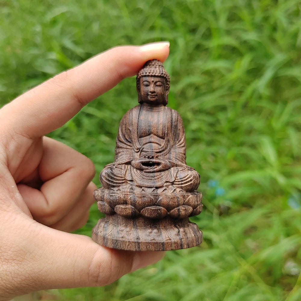 Statue Bouddha en Bois Sculpté – Bouddha Assis sur Lotus, Petite Figurine Zen 8 cm
