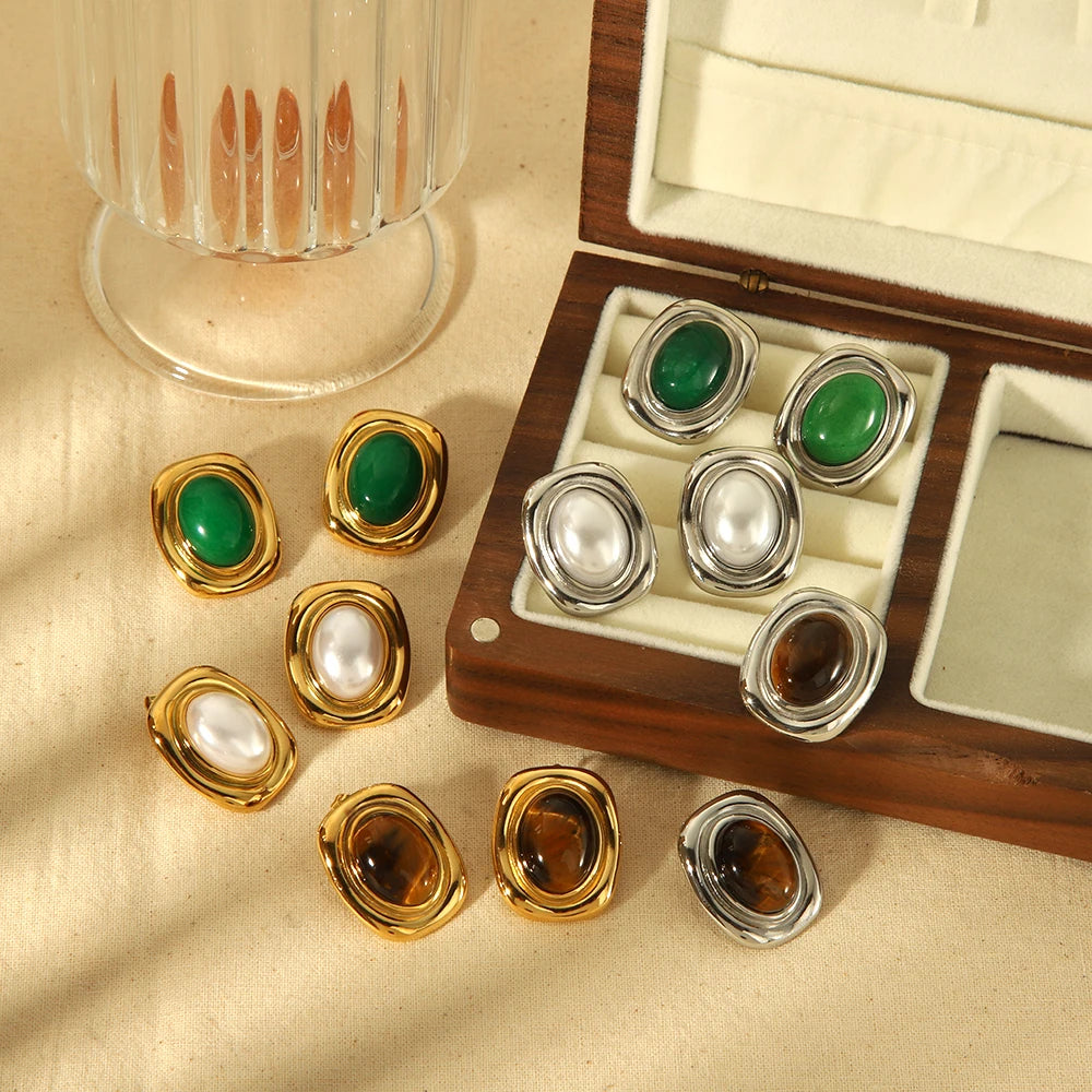 Boucles d'Oreilles Puces Œil de Tigre en Acier Inoxydable – Monture Torsadée, Doré ou Argenté