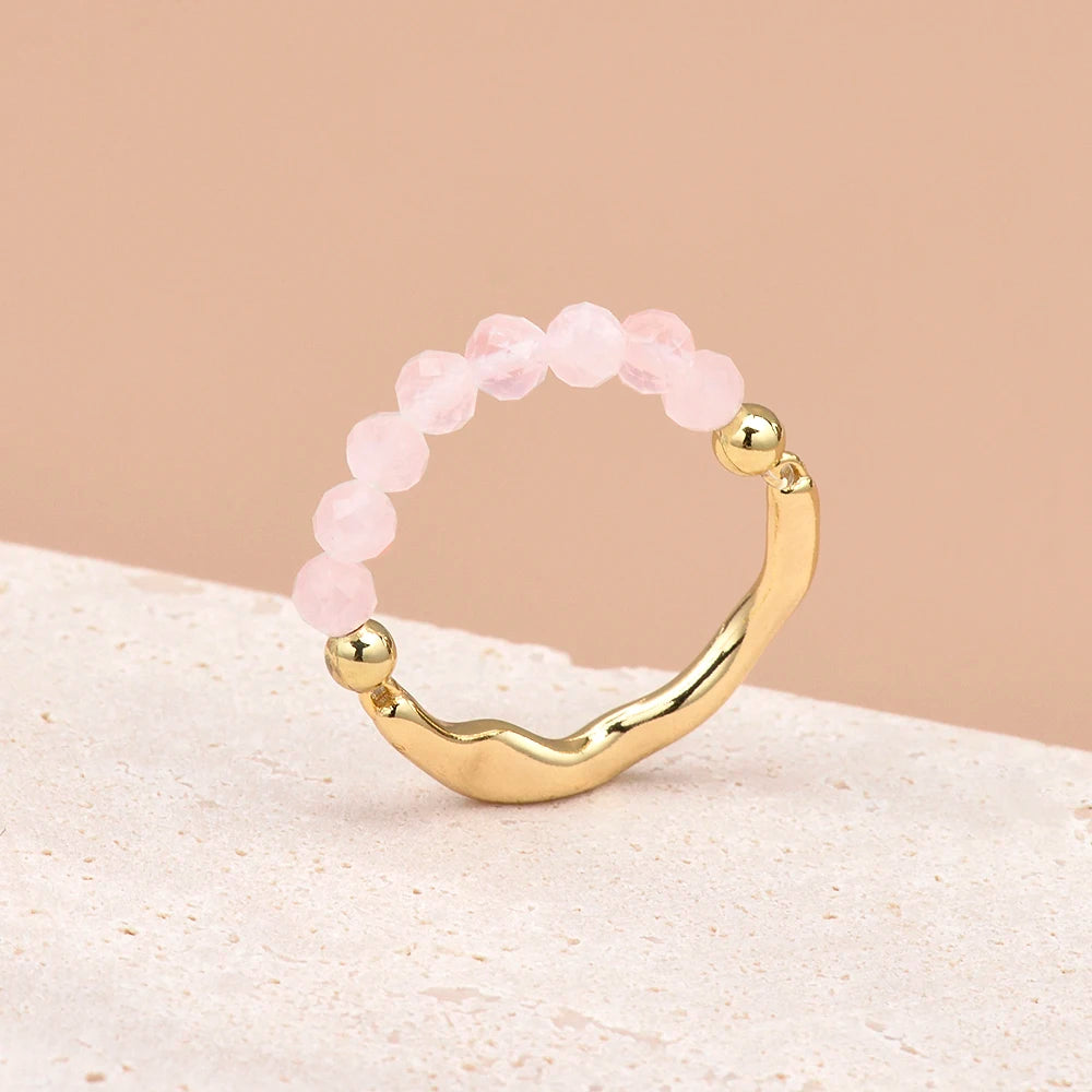 Bague Jonc Doré Ondulé et Perles de Pierre Naturelle 3 mm – Extensible, 10 Pierres