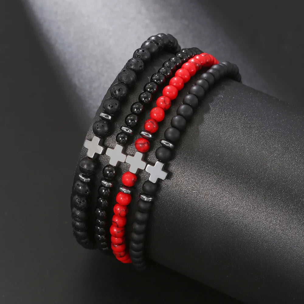 Bracelet Homme Fin Perles 4 mm et Croix – Onyx Mat, Lapis-Lazuli, Lave ou Jaspe Paysage