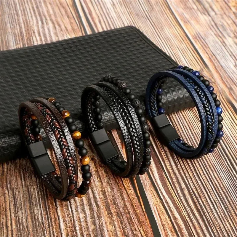 Bracelet Homme Cuir Multirangs et Perles d'Œil de Tigre – Fermoir Magnétique, 20 cm