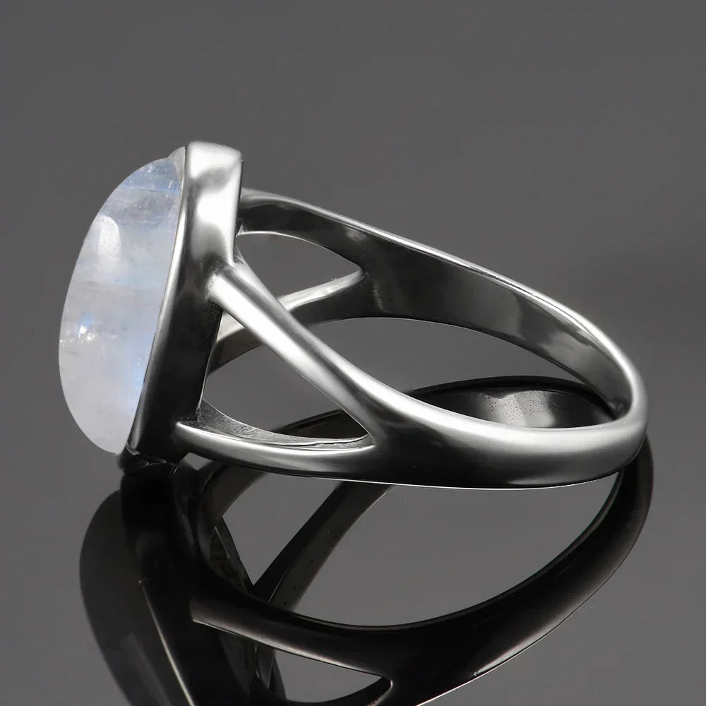 Bague Pierre de Lune Ovale en Argent – Anneau Double Ouvert, Reflets Bleutés, Tailles 52 à 62