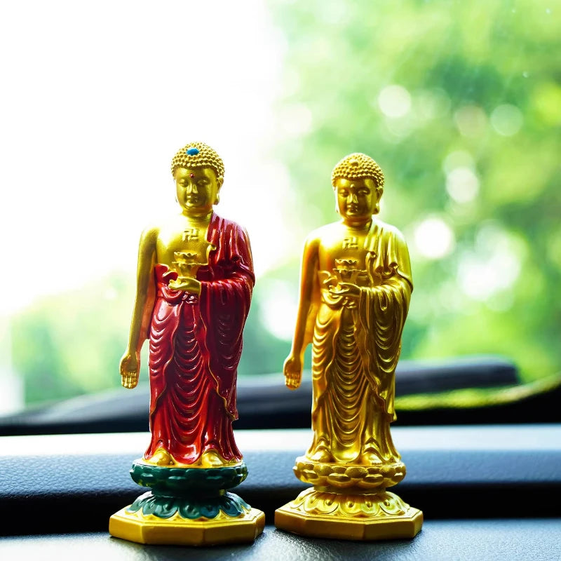 Statue Bouddha Amitabha Debout en Résine – 13 cm, Doré ou Robe Rouge, Décoration Zen ou Voiture