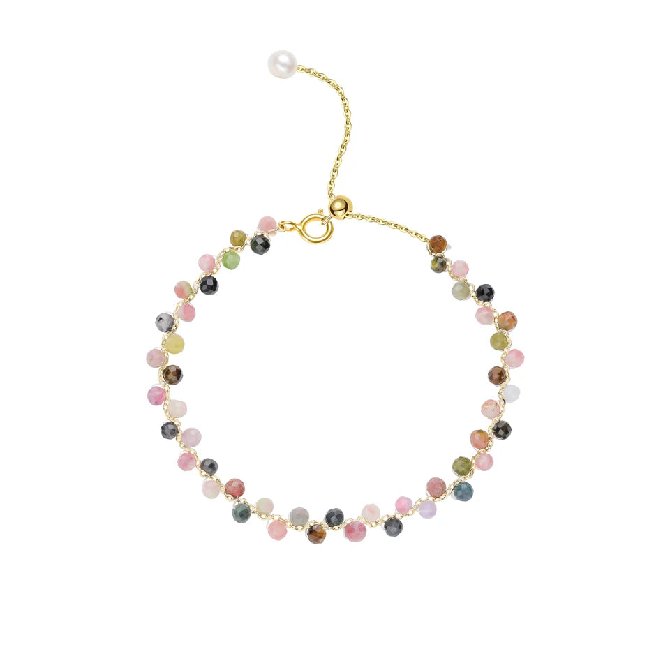 Bracelet Chaîne Dorée Perles Facettées 3 mm – Pierre Naturelle au Choix et Perle d'Eau Douce