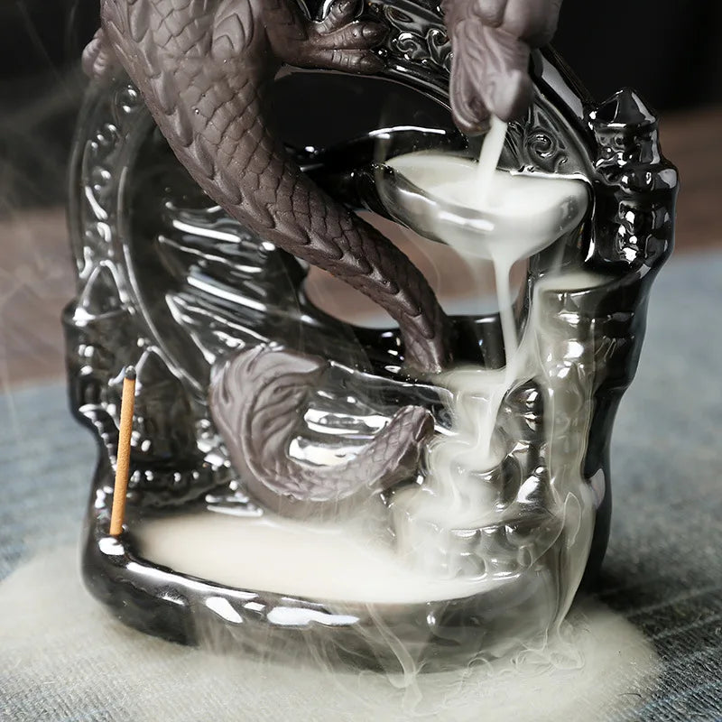 Brûleur d'Encens à Reflux Dragon en Céramique – Cascade de Fumée, Pièce de Décoration