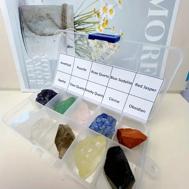 Coffret de 10 Pierres Brutes et Minéraux – Améthyste, Fluorite, Citrine, Quartz Rose… avec Boîte