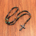 Collier Chapelet Croix en Hématite – Perles de Turquoise Africaine et Œil de Tigre, 60 cm