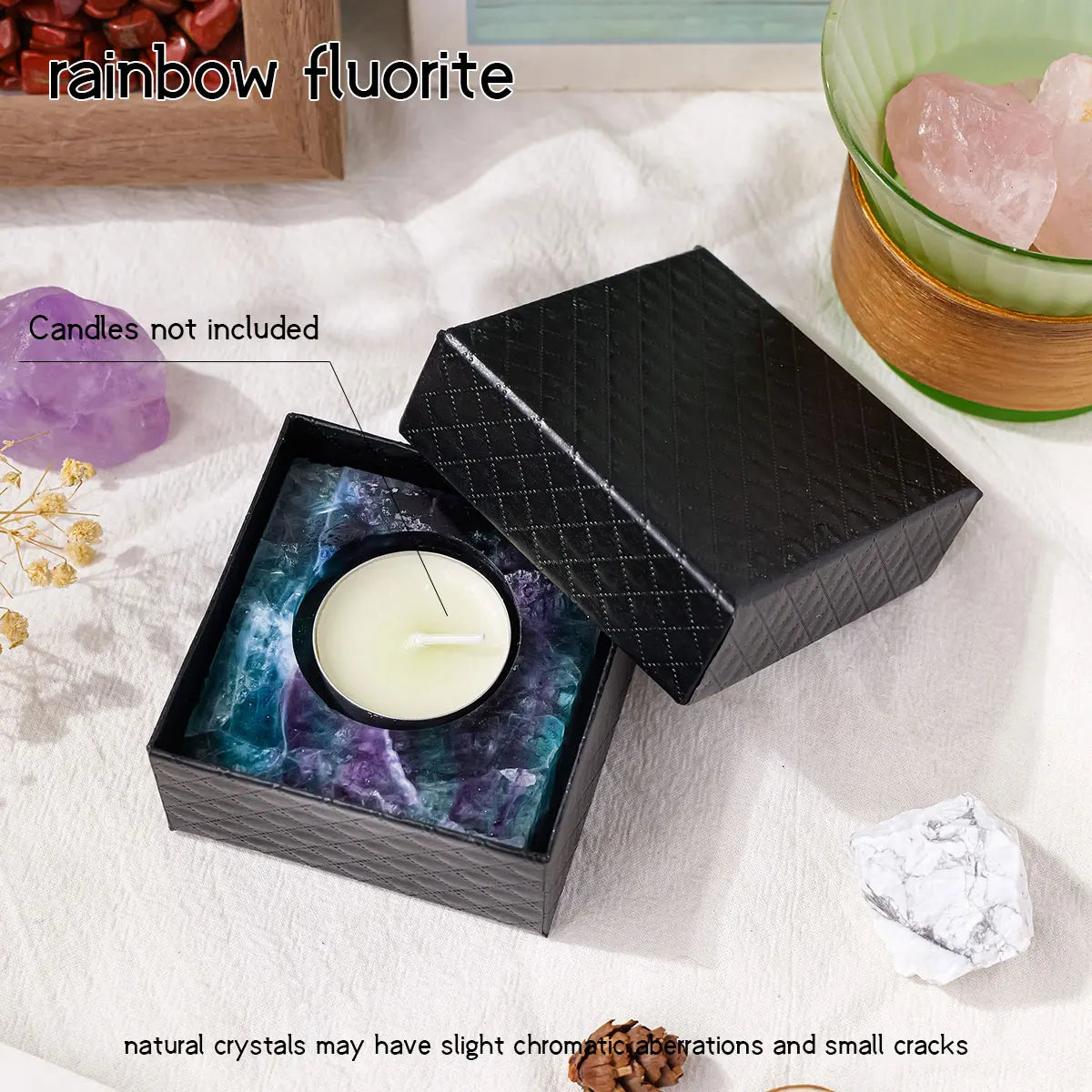 Bougeoir Carré en Pierre Brute – Quartz Rose, Améthyste, Labradorite, Cristal de Roche…