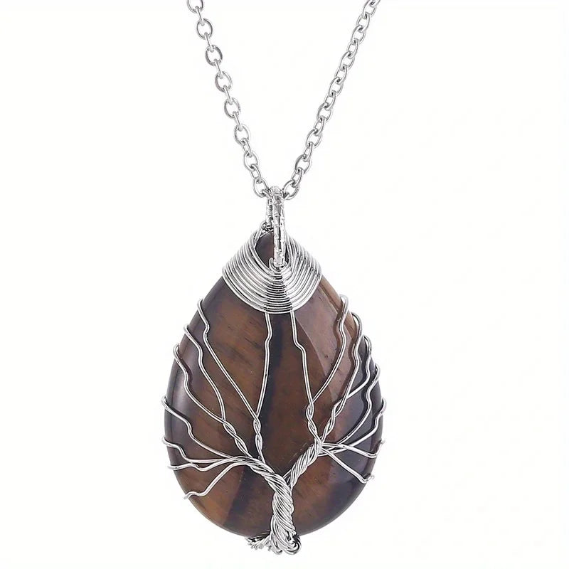 Pendentif Arbre de Vie en Pierre Naturelle au Choix – Fil Doré ou Argenté, avec Chaîne
