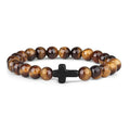 Bracelet Croix en Pierre Naturelle 8 mm – Œil de Tigre, Onyx, Howlite ou Pierre de Lave