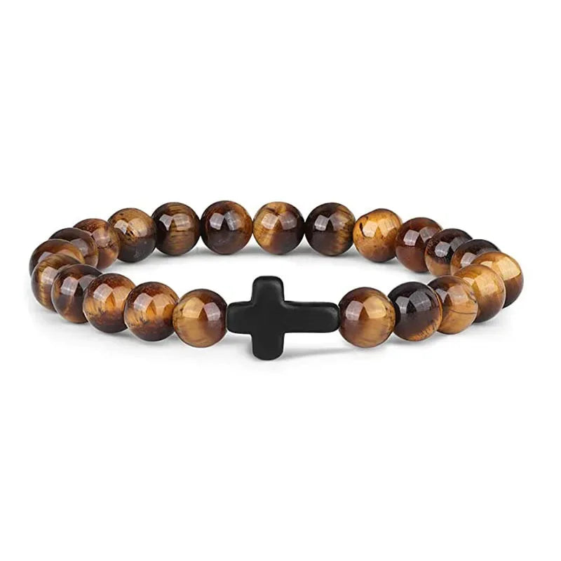 Bracelet Croix en Pierre Naturelle 8 mm – Œil de Tigre, Onyx, Howlite ou Pierre de Lave