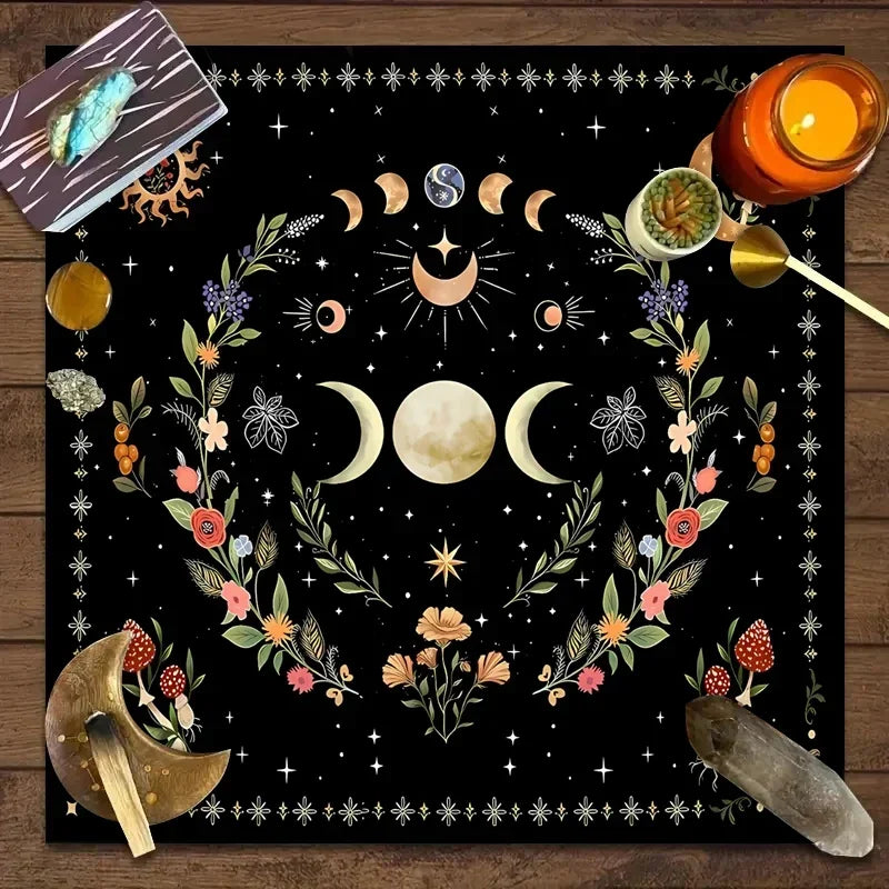 Nappe d'Autel et de Tarot en Velours – Phases de Lune Fleuries ou Pentacle, 50 x 50 ou 75 x 75 cm