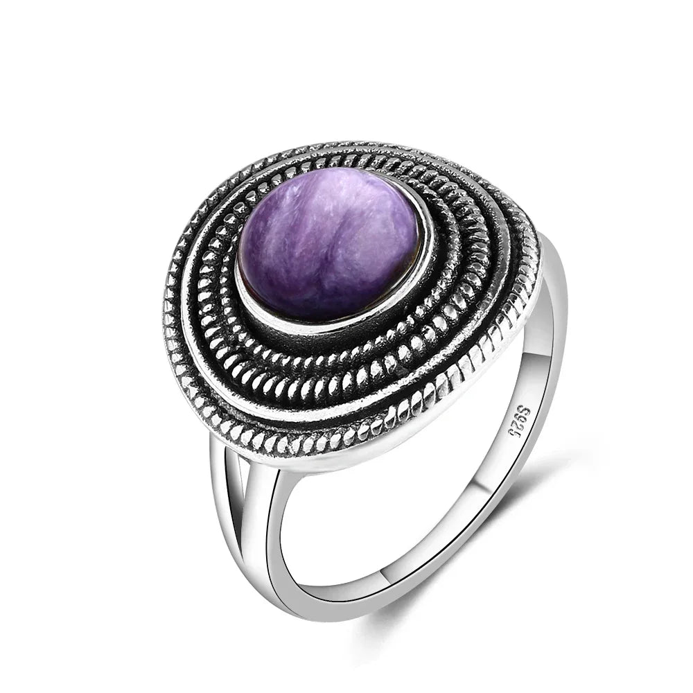 Bague Ronde Spirale en Pierre Naturelle 8 mm – Monture Argentée, Rhodochrosite, Charoïte, Labradorite…