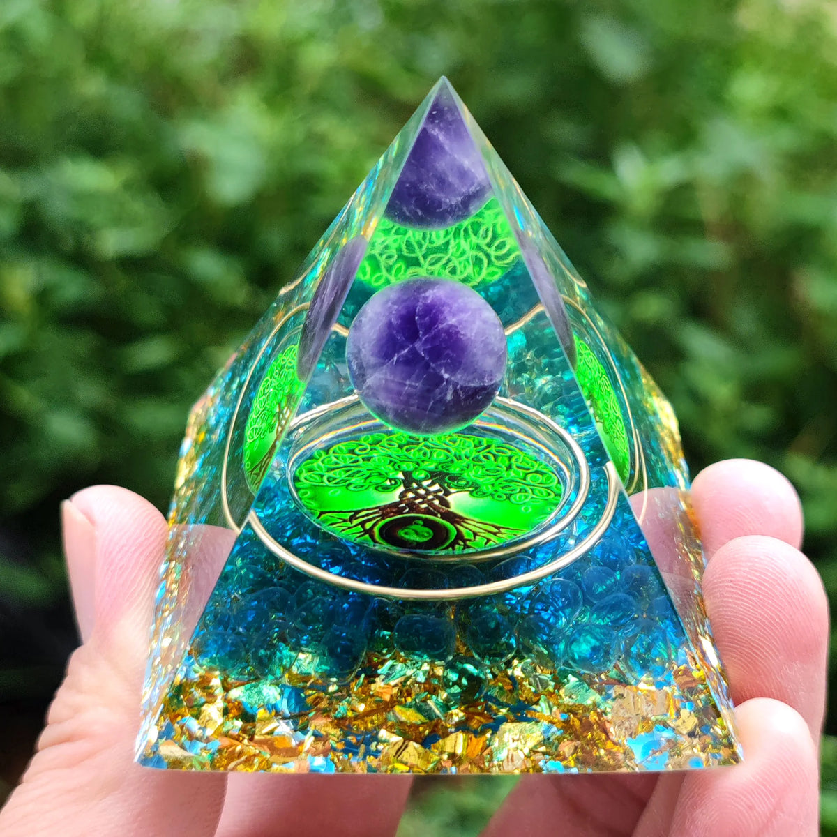 Pyramide d'Orgonite à Sphère d'Améthyste – 5 cm, Arbre de Vie, Chakras, 35 Modèles