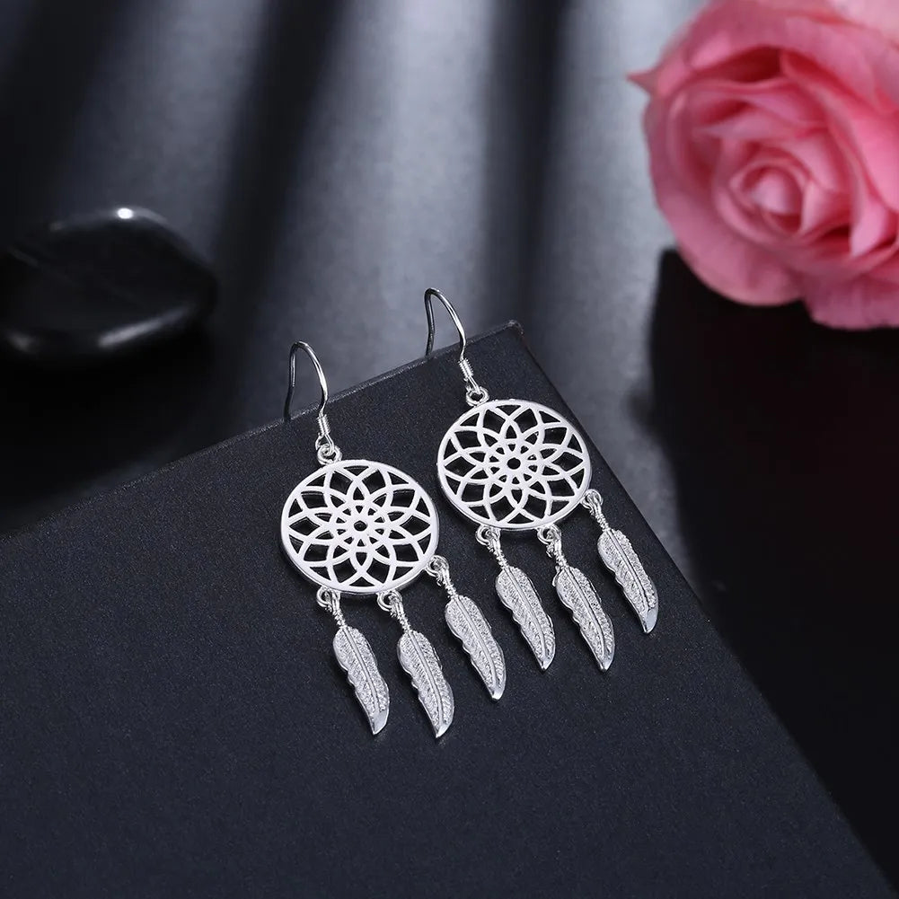 Boucles d'Oreilles Attrape-Rêves en Argent 925 – Cercle Tissé et Plumes Ajourées