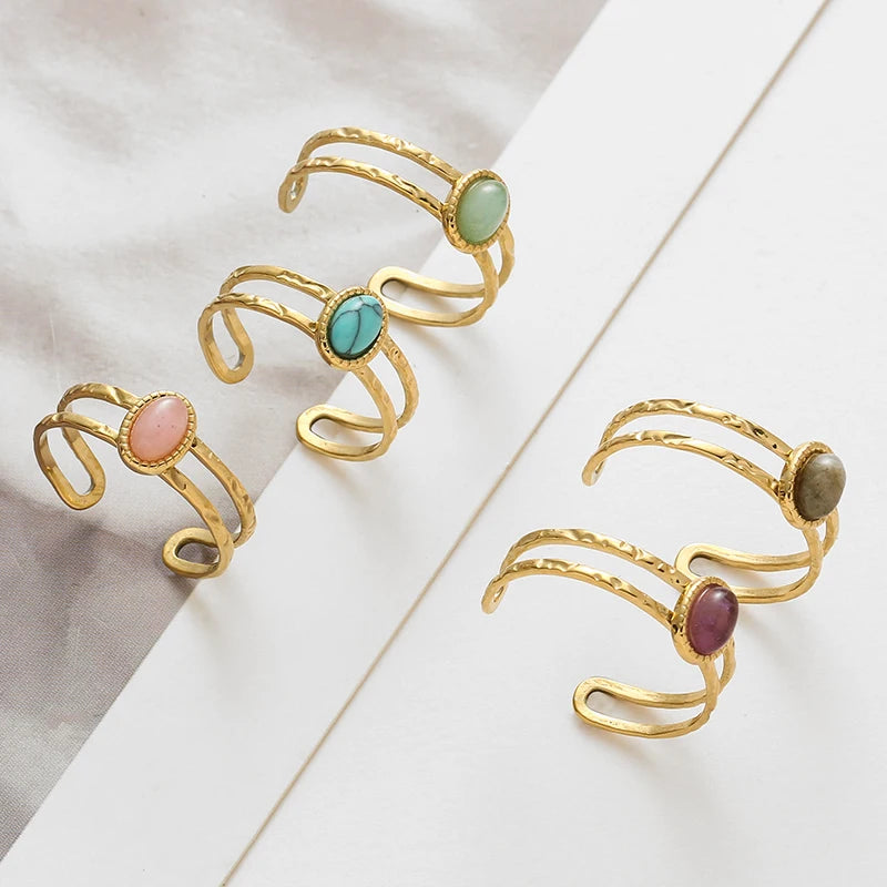 Bague Pierre Naturelle Ajustable – Acier Inoxydable, Style Vintage, 5 Pierres au Choix