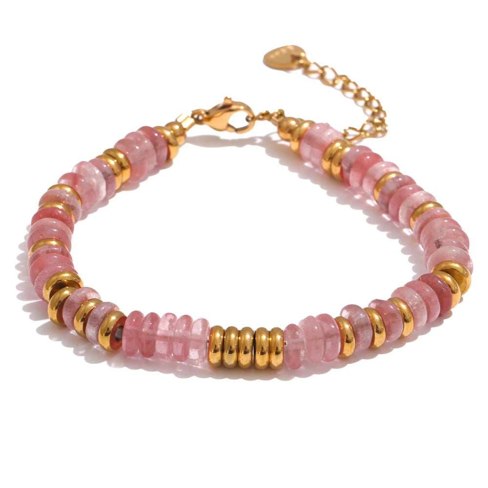 Bracelet Perles Heishi en Pierre Naturelle et Acier Doré – Œil de Tigre, Amazonite, 8 Pierres