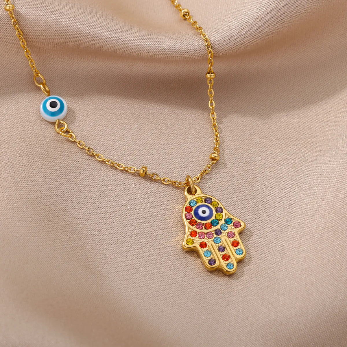Collier Main de Fatma et Œil Turc en Acier Inoxydable – Pendentif Coloré, Doré ou Argenté, 45 cm