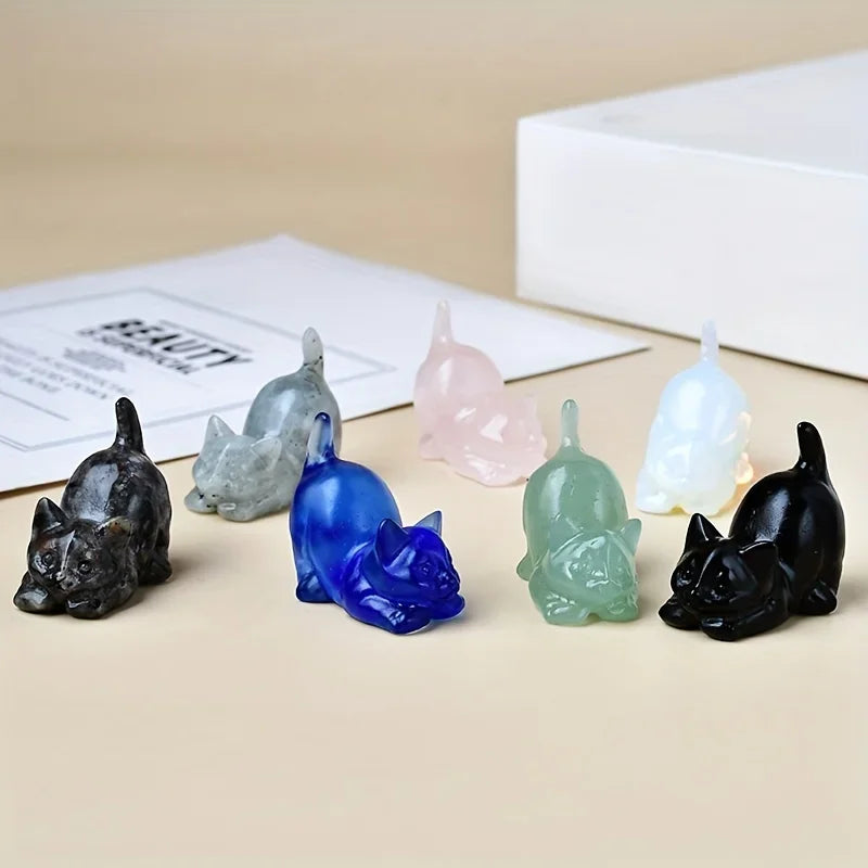 Chat Sculpté en Pierre Naturelle 3,5 cm – Petite Figurine en Quartz Rose, Aventurine, Obsidienne ou Labradorite