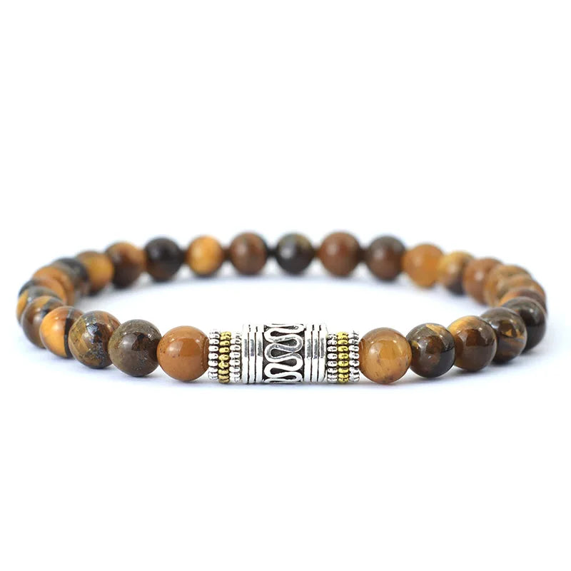 Bracelet Minimaliste 6 mm – Onyx, Œil de Tigre ou Pierre de Lave, Perle Sanskrit, Unisexe