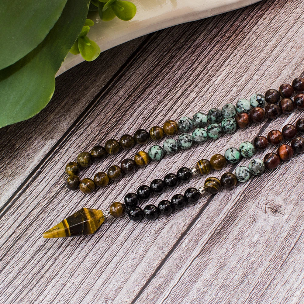 Mala 108 Perles Onyx Noir et Turquoise Africaine 8 mm – Pendentif Pointe Œil de Tigre, avec ou sans Bracelet
