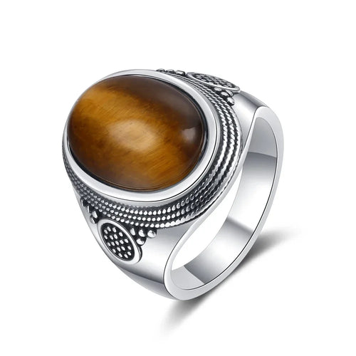 Bague Cabochon Ovale 10 x 14 mm – Monture Argentée Ciselée Unisexe, Œil de Tigre, Labradorite, Lapis…