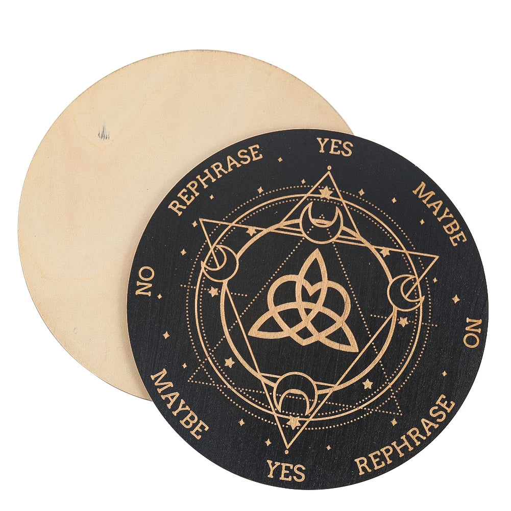 Planche à Pendule en Bois Noir Gravé – Nœud de la Trinité, Oui / Non / Peut-être, 15 cm