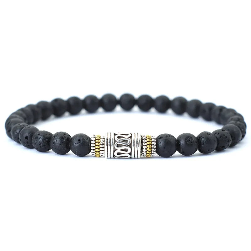 Bracelet Minimaliste 6 mm – Onyx, Œil de Tigre ou Pierre de Lave, Perle Sanskrit, Unisexe