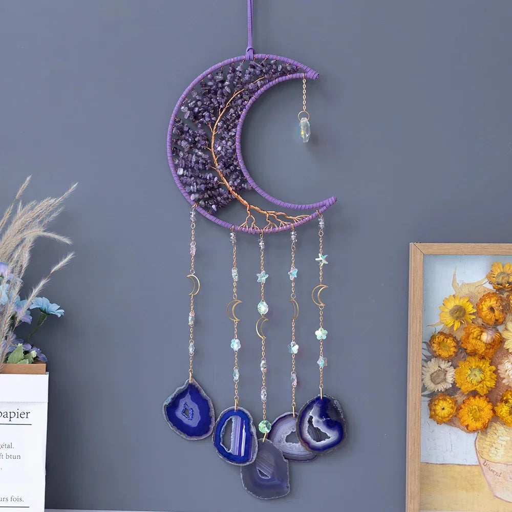 Attrape-Rêves en Pierres Naturelles et Tranches d'Agate – Lune ou Arbre de Vie, 29 Modèles, Décoration Murale