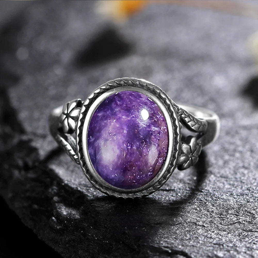 Bague Vintage Ovale en Pierre Naturelle – Monture Argentée Ciselée, Pierre de Lune, Labradorite, Charoïte…