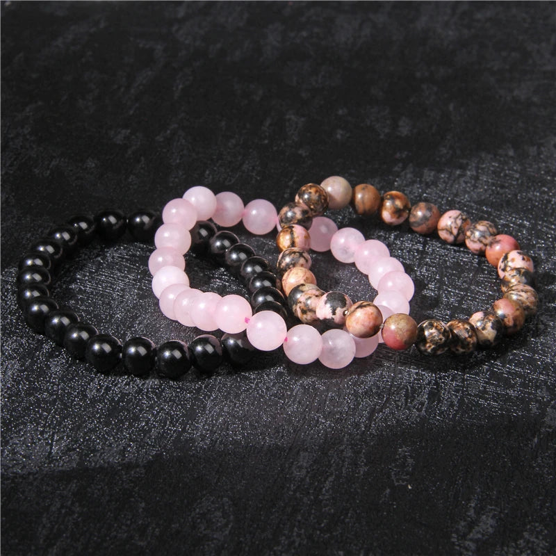 Lot de 3 Bracelets Rhodonite, Onyx Noir et Quartz Rose Femme – Perles Naturelles 8 mm, Élastiques, Bracelets Pierre Naturelle, Idée Cadeau