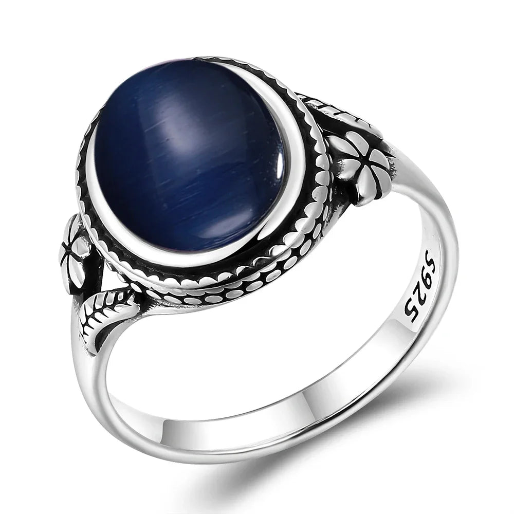 Bague Vintage Ovale en Pierre Naturelle – Monture Argentée Ciselée, Pierre de Lune, Labradorite, Charoïte…