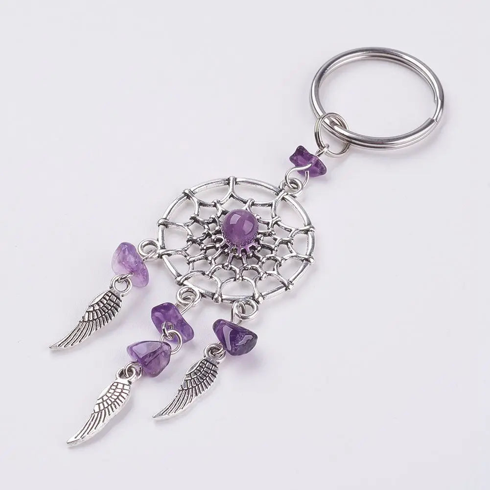 Porte-Clés Attrape-Rêves avec Éclats de Pierres et Plumes – Améthyste, Quartz Rose ou Aventurine