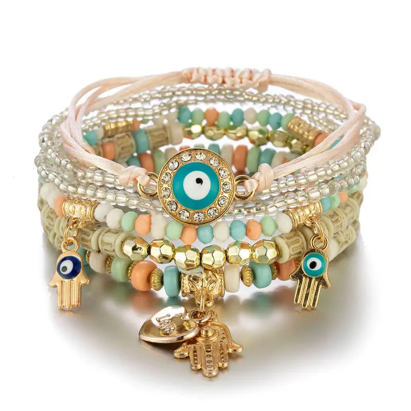 Lot de 6 Bracelets Bohème Œil Turc et Main de Fatma – Perles, Cordons et Breloques, 8 Coloris
