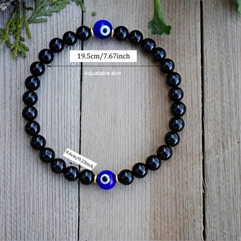 Bracelet Tourmaline Noire et Œil Turc – Perles 6 mm, Élastique, 19,5 cm, Unisexe