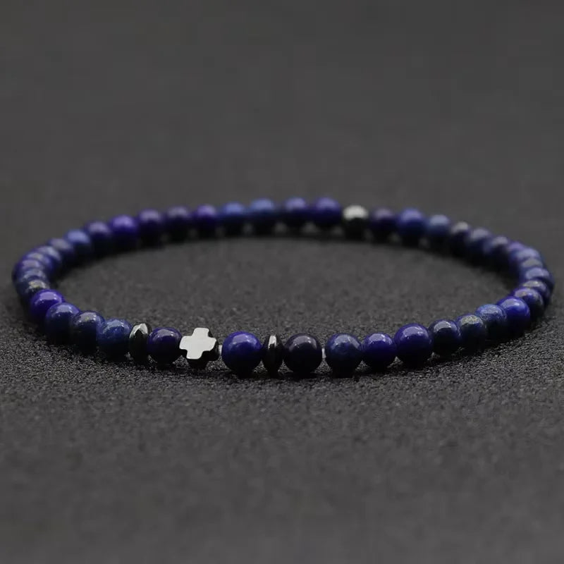 Bracelet Homme Fin Perles 4 mm et Croix – Onyx Mat, Lapis-Lazuli, Lave ou Jaspe Paysage