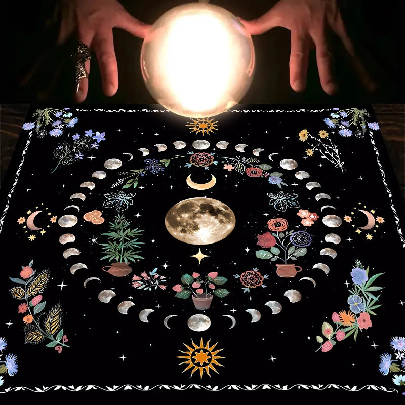 Nappe de Tarot en Velours – Lune, Chat Noir, Soleil et Lotus, Géométrie Sacrée, 7 Motifs, 2 Tailles